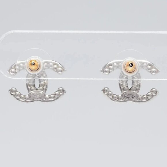 Chanel Silver Metal Faux Pearl and Crystal CC Stud Earrings - Picture 6 of 6